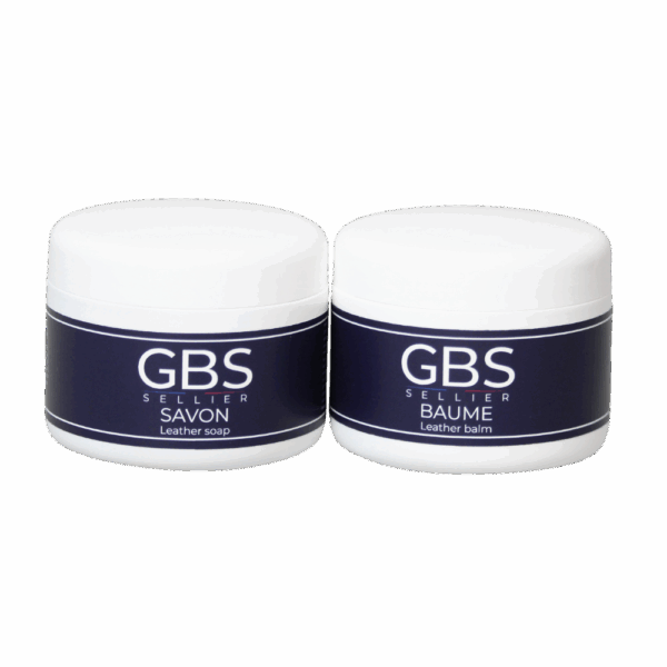 Le kit d'entretien contient un pot de baume et savon GBS Sellier pour entretien du cuir sur fond blanc détouré
